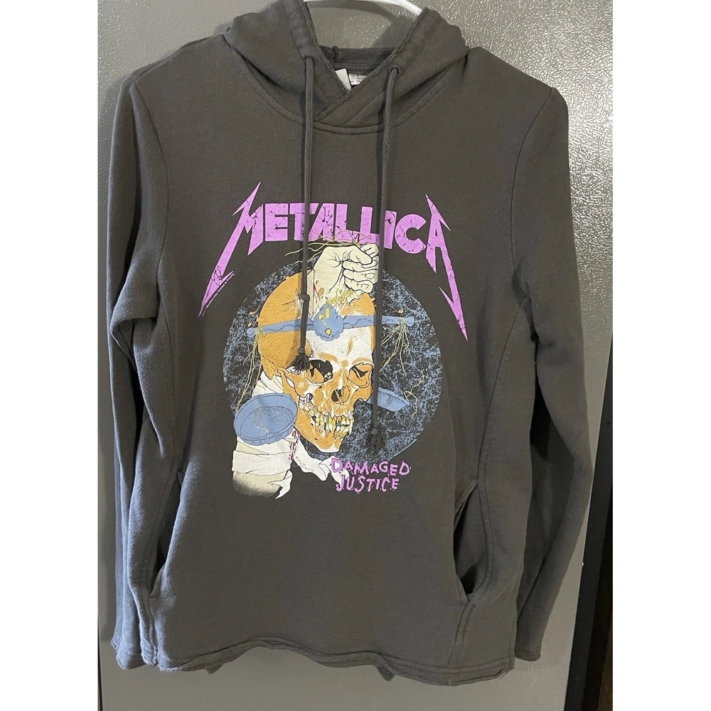 Metallica Damaged Justice Y2k Gray Faded Hoodie Women's‎ Small Sweatshirt Cool
